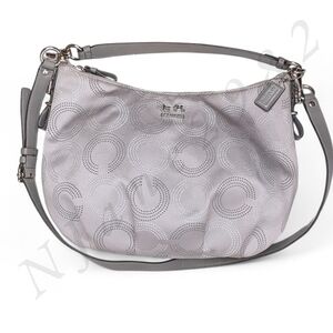 Coach Madison Shoulder Hobo Bag Gray Silver Op Art Dot Leather Trim Convertible